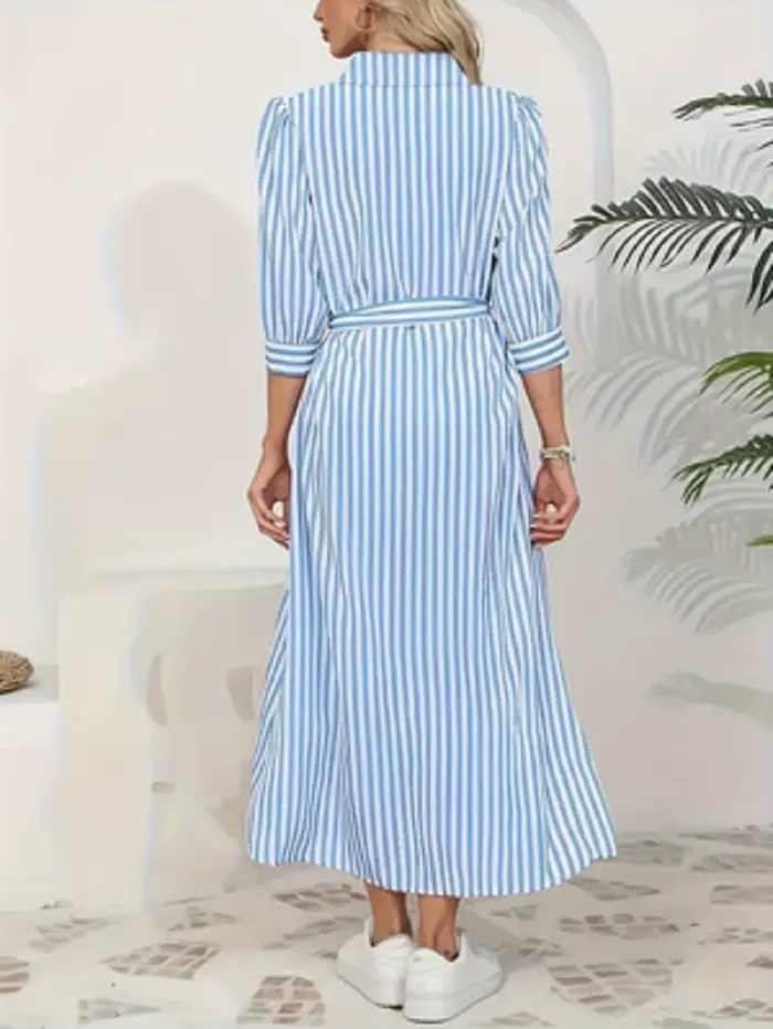 Robe chemise midi rayée verticale bleue et blanche pour femme