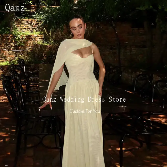 Qanz – Robe de soirée jaune clair, bretelles spaghetti, dos nu, longue, ligne A, pour femmes, person