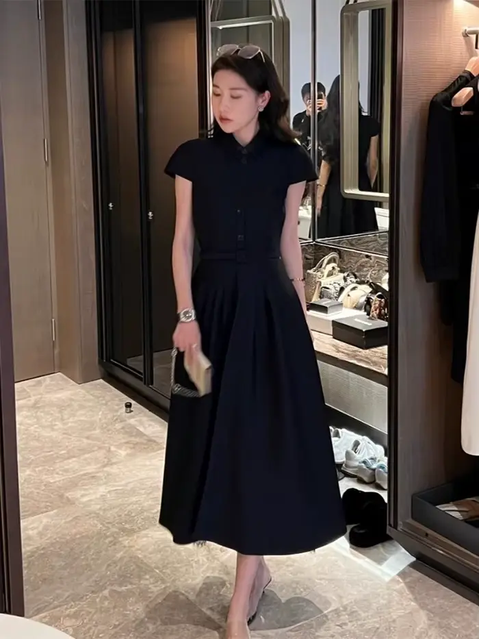 Robe française noire longue couchée à la taille pour femmes, à la mode et élégante, manches ajustées, sergé de couleur Pure, texturée