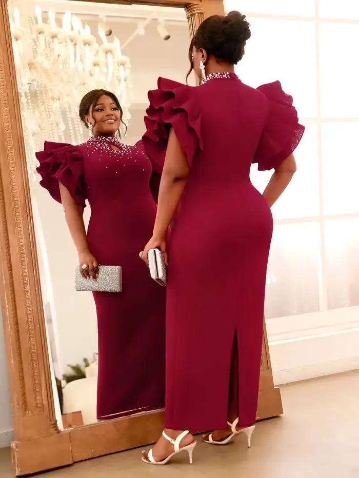 Robe d'invitée de mariage personnalisée en polyester et élasthanne avec perles et volants pour femmes, style sexy et club, idéale pour les mariages, anniversaires, bal et soirées romantiques