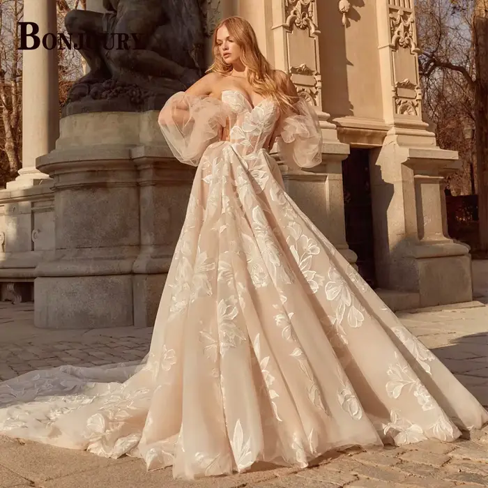 BONJOURY Dapper a-ligne robes de mariée pour Mariages Appliques fermeture éclair manches bouffantes Court Train