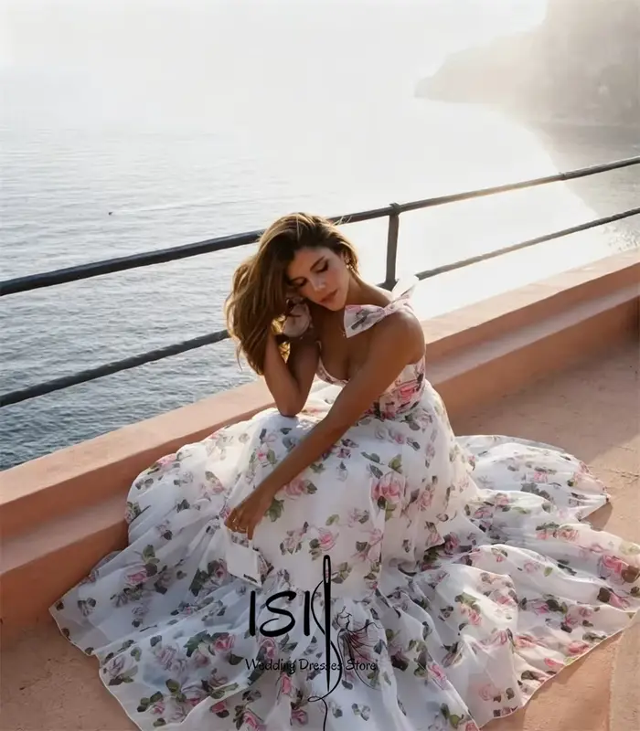 Robe de soirée rose imprimé ISI avec bretelles spaghetti et col cœur pour femmes, occasion bal, personnalisable, polyester et chiffon, coupe trapèze, soutien-gorge intégré