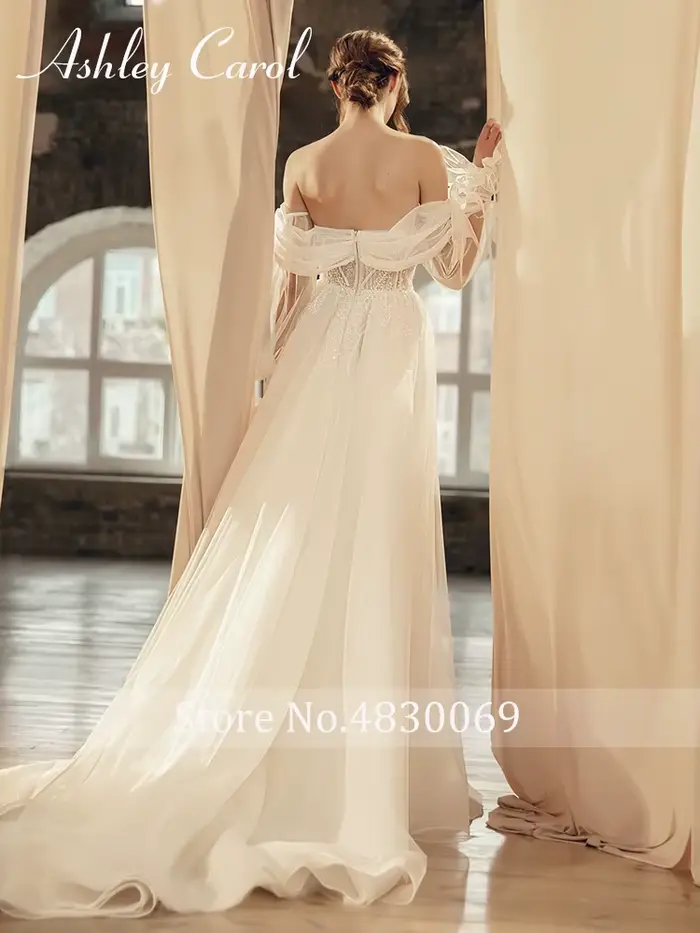 Robe de mariée A-Line Ashley Carol en coton, polyester, soie, mousseline avec col en V, appliques de dentelle, train de la cour pour femmes, occasions spéciales, mariage, prom, célébrités, soirée