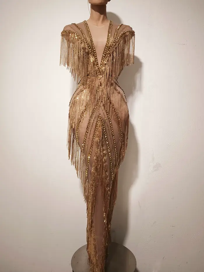 Robe longue de soirée de luxe pour chanteuse de boîte de nuit, costume de scène, sexy, en maille, av