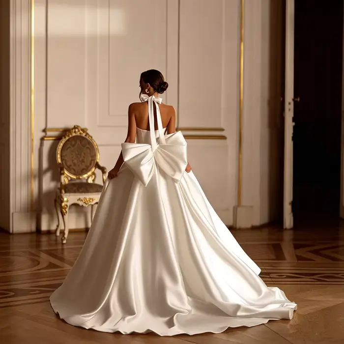 Robe de Mariée Satinée Col Licou Grand Nœud Dos Nu Train Chapelle Robe Princesse Luxe Minimaliste Taille Sur Mesure Longue Élégante Femme Cérémonie Mariage Occasion Spéciale