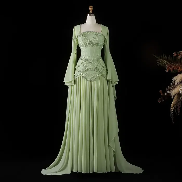 Robe de soirée élégante en mousseline de soie blanche avec doublure, deux pièces, avec veste et manc