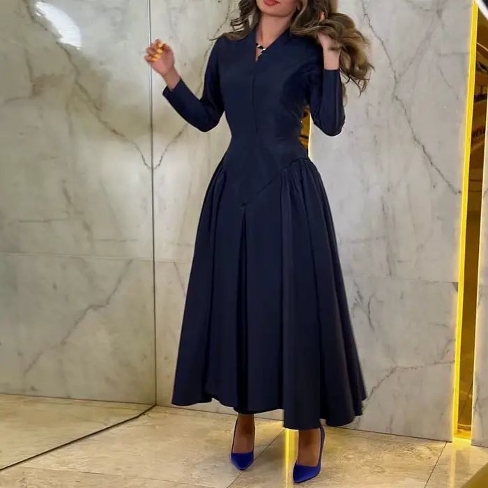 Robe de cocktail en satin pour femmes saoudiennes, robe trapèze élégante, bleu marine, col en V, fro