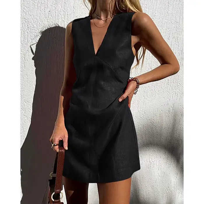 Robe en viscose et lin pour femmes, col en V, sans manches, élégante et décontractée, idéale pour les soirées estivales et les occasions spéciales