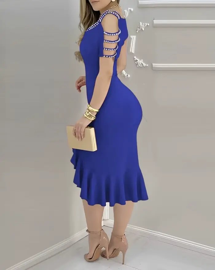 Robe d'été pour femmes couleur unie robe de soirée moderne à volants fente sur les épaules polyester extensible pour femmes occasions spéciales