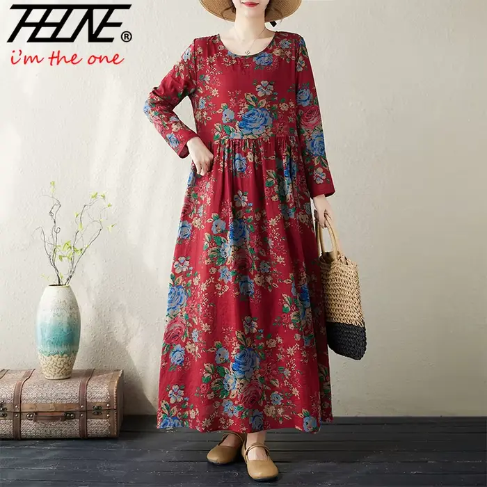 Robe longue en lin de coton imprimé bohème pour femmes
