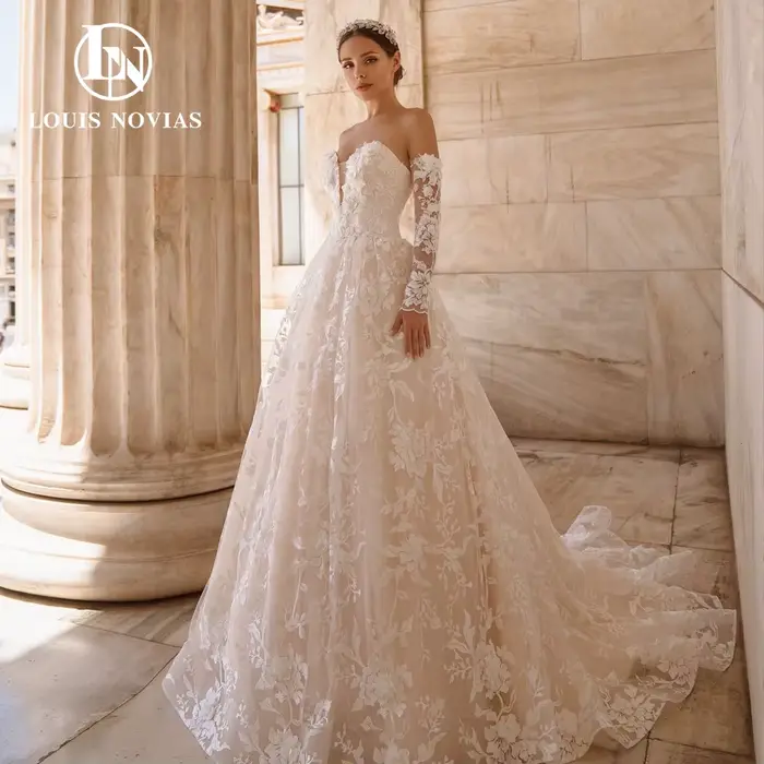 Modiis-Robe de mariée A-Line avec fleurs perlées, manches longues, à lacets, robe de patients, éléga