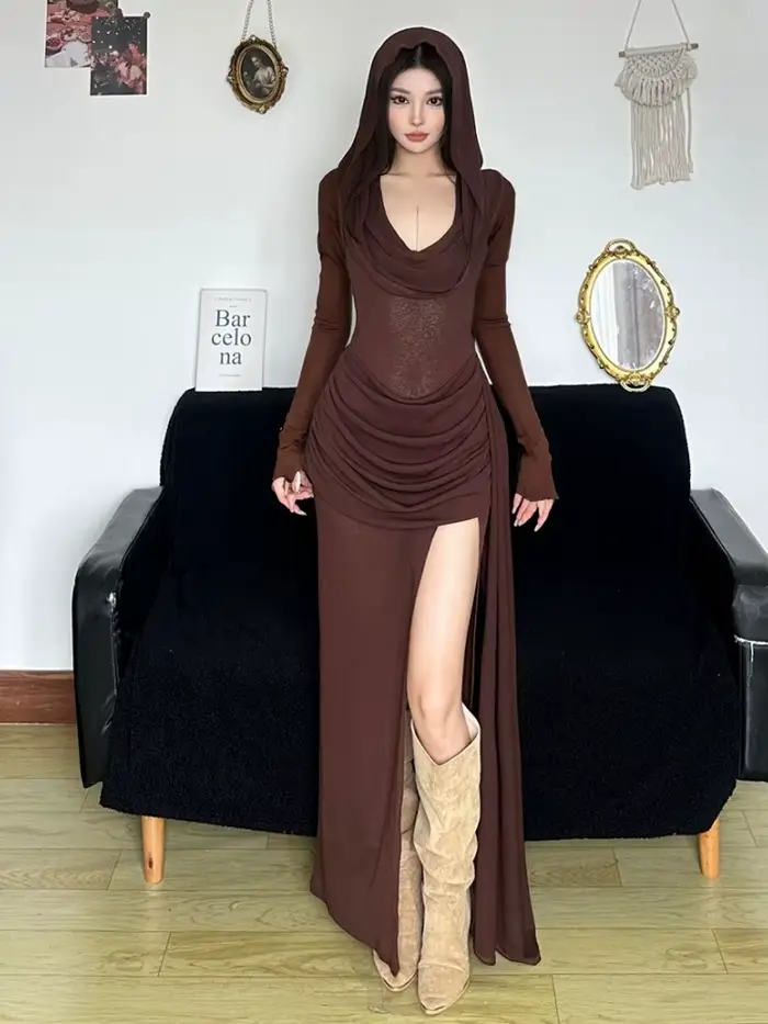 Robes longues à capuche pour femmes, vêtements Grunge, couleur unie, manches longues, une pièce, Sex