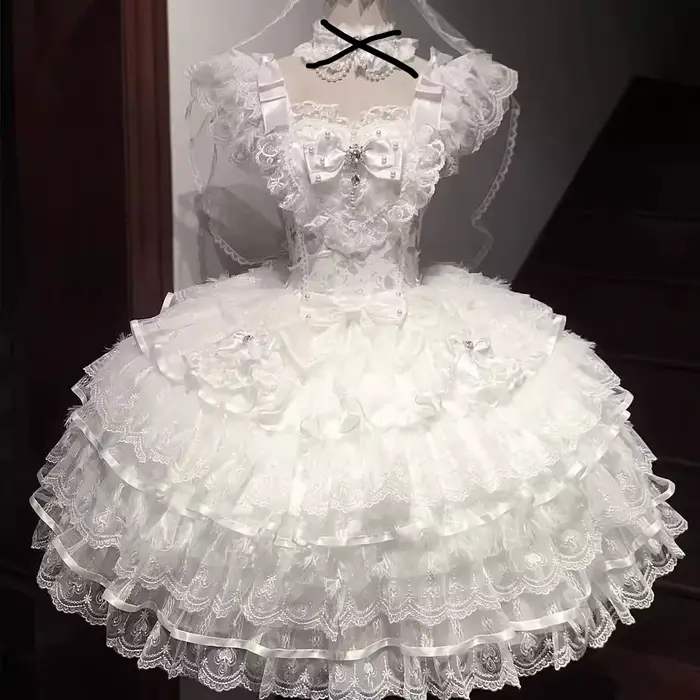Robe de mariée luxueuse Lolita JSK, élégante et mignonne, à bretelles avec nœud, en dentelle, à vola