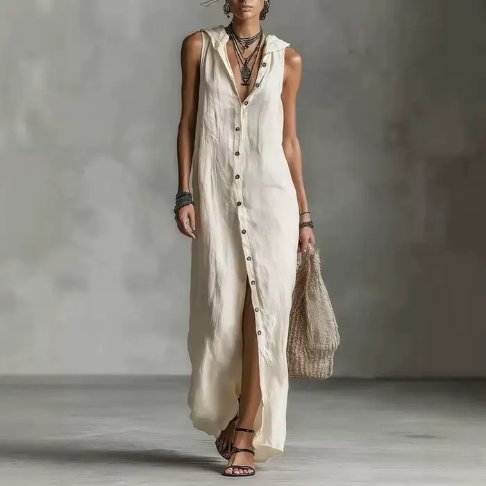 Robe longue bohème pour femme, en lin uni, ample, fendue, à simple boutonnage, à capuche, décontract