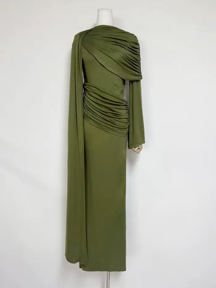 Robe longue sirène VGH pour invitées de mariage, avec châle vert, col rond, manches longues évasées,