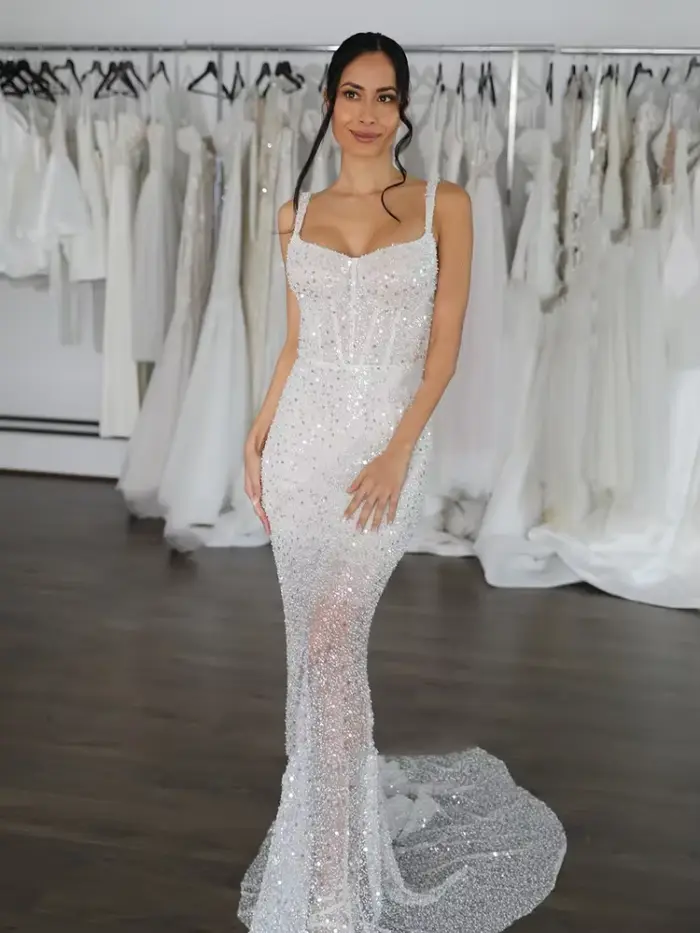 Robe de Mariée Sirène Légère et Brillante avec Dos auxpour Patients, Tenue de Soirée Formelle Person