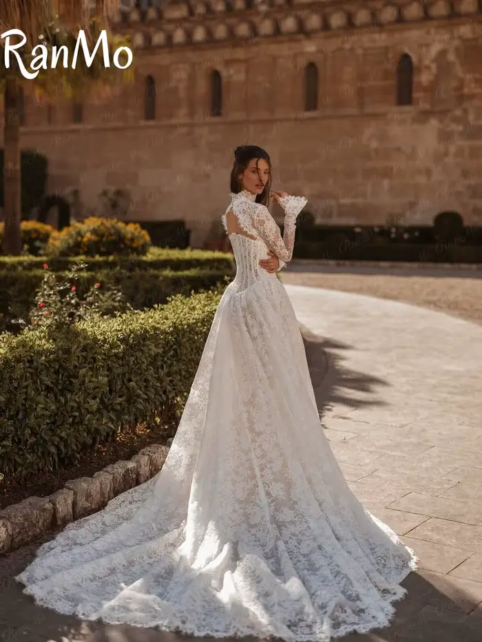 Ranmo nouveau 2025 robe de mariée blanche col haut a-ligne manches longues dentelle robes