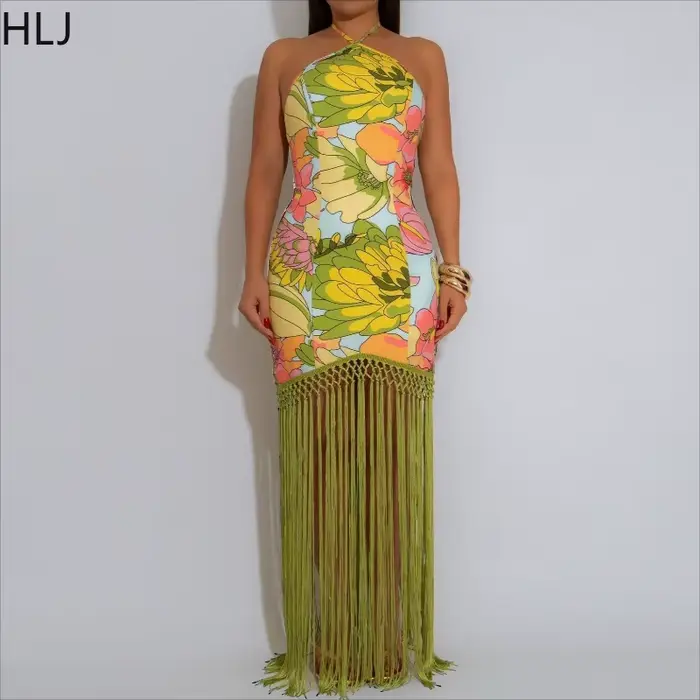 HLJ élégant fleur imprimé glands Patchwork robe longue femmes licou sans manches dos nu Maxi robes femme Streetwear