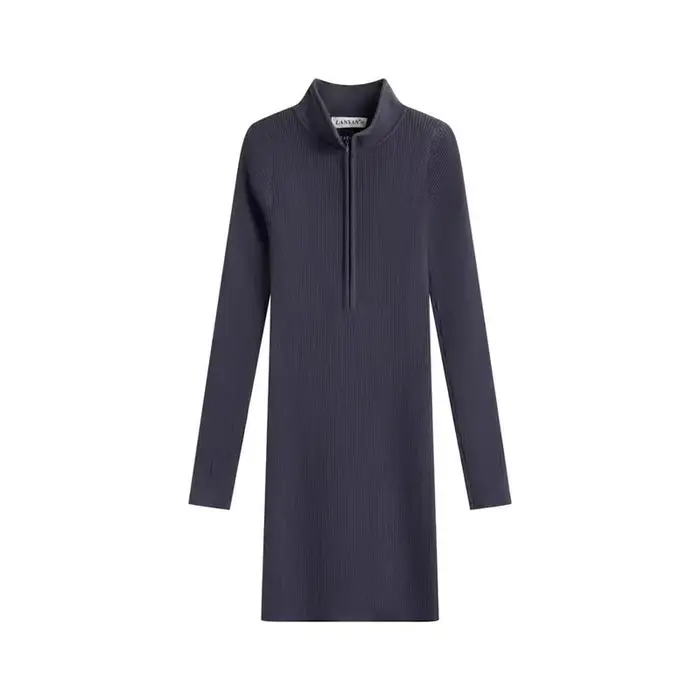 Femmes solide fermeture éclair profonde col en v robe Sexy mode mince Mini robe femme col roulé côte