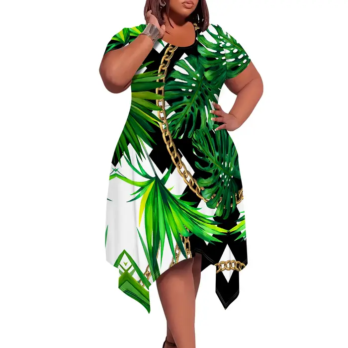 Robe mi-longue à imprimé hawaïen tropical – Manches courtes