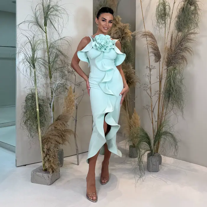 Robe de soirée élégante vert menthe à col halter, avec volants 3D en forme de rose et fente haute, r