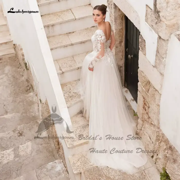 Yanshmigown-Robes de mariée bohème personnalisées, dentelle civile, manches longues, robe de mariée de plage élégante, quel que soit le dos à lacets, 2025