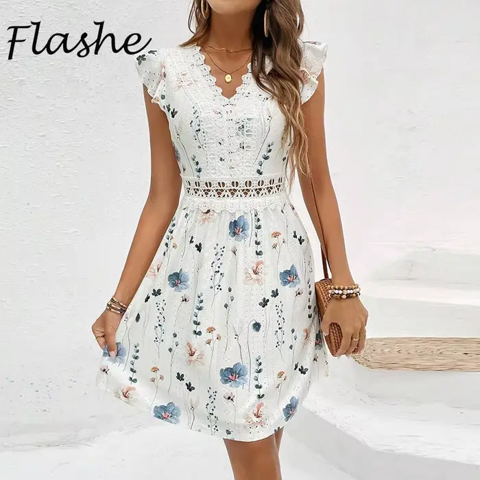 Femmes élégantes robe courte fleur imprimé col en V a-ligne à manches courtes