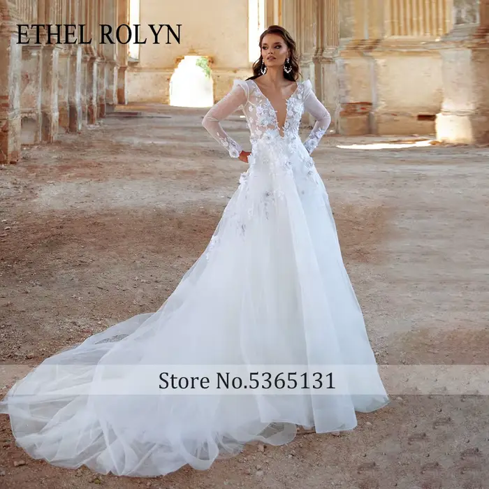 Robe de mariée Ethel Rolyen en dentelle à manches longues princesse illusion fleurs et appliques pour femmes occasions spéciales