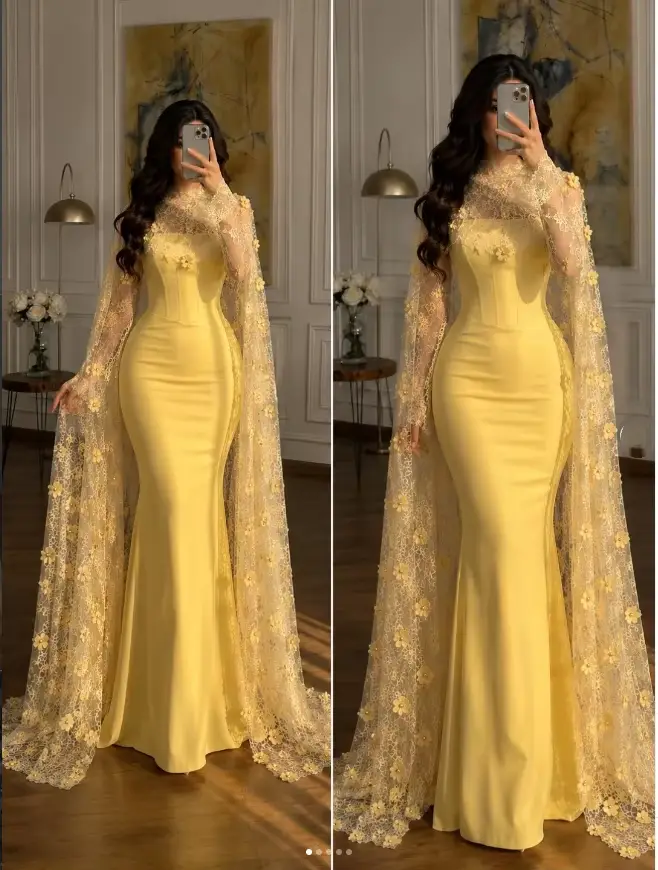 Robe de bal élégante en dentelle jaune avec fleurs 3D
