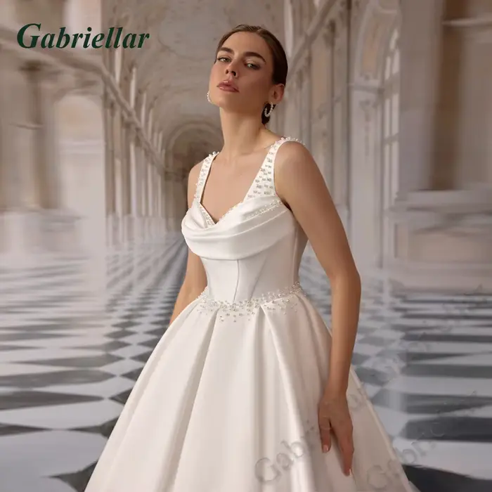 Robe de mariée Gabriellar Pearls classique à bretelles spaghetti dos nu en satin pour mariage et cérémonies spéciales