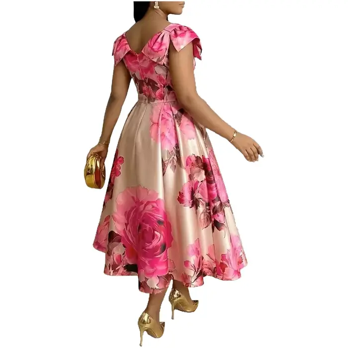 Robe élégante à imprimé floral orange à la française avec col à volants