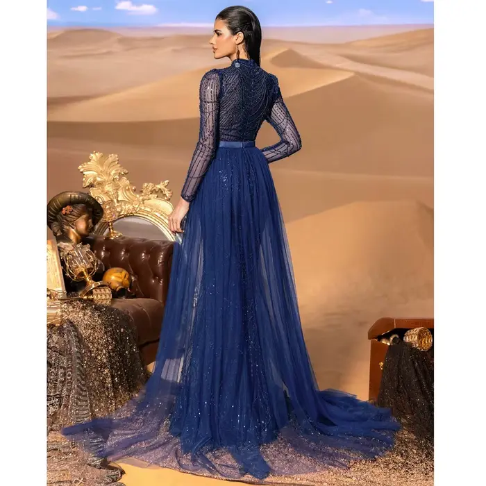Robe de soirée élégante style sirène manches longues traîne détachable sequins pour mariage bal de promo personnalisable polyester tulle dentelle paillettes occassions spéciales