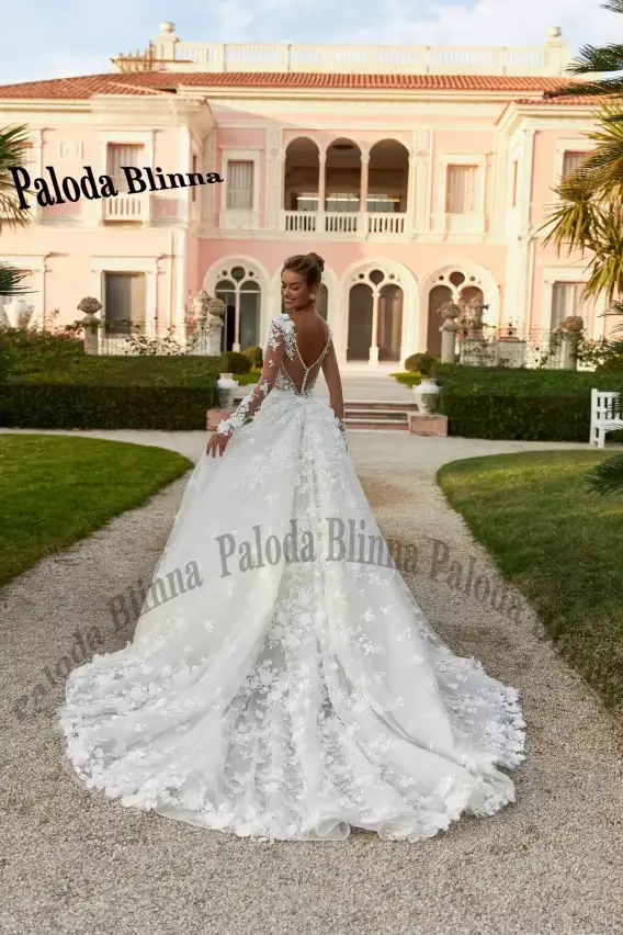 Paloda luxueux col bateau robe De mariée pour les femmes mariée manches longues détachable Train sirène Vestido De Casamento personnalisé