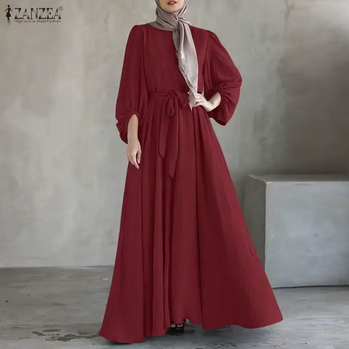 Robe longue modeste ZANZEA pour femme style Abaya col rond manches lanternes ceinture ample pour musulmanes hijab Eid Ramadan Kaftan