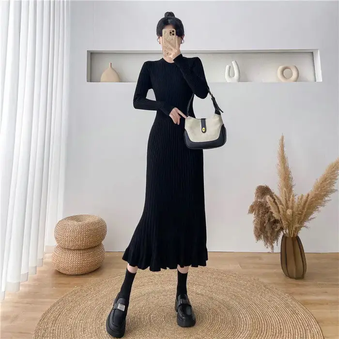 Robe en crochet abricot rétro confortable pour femmes occasions spéciales automne hiver élégante style bureau