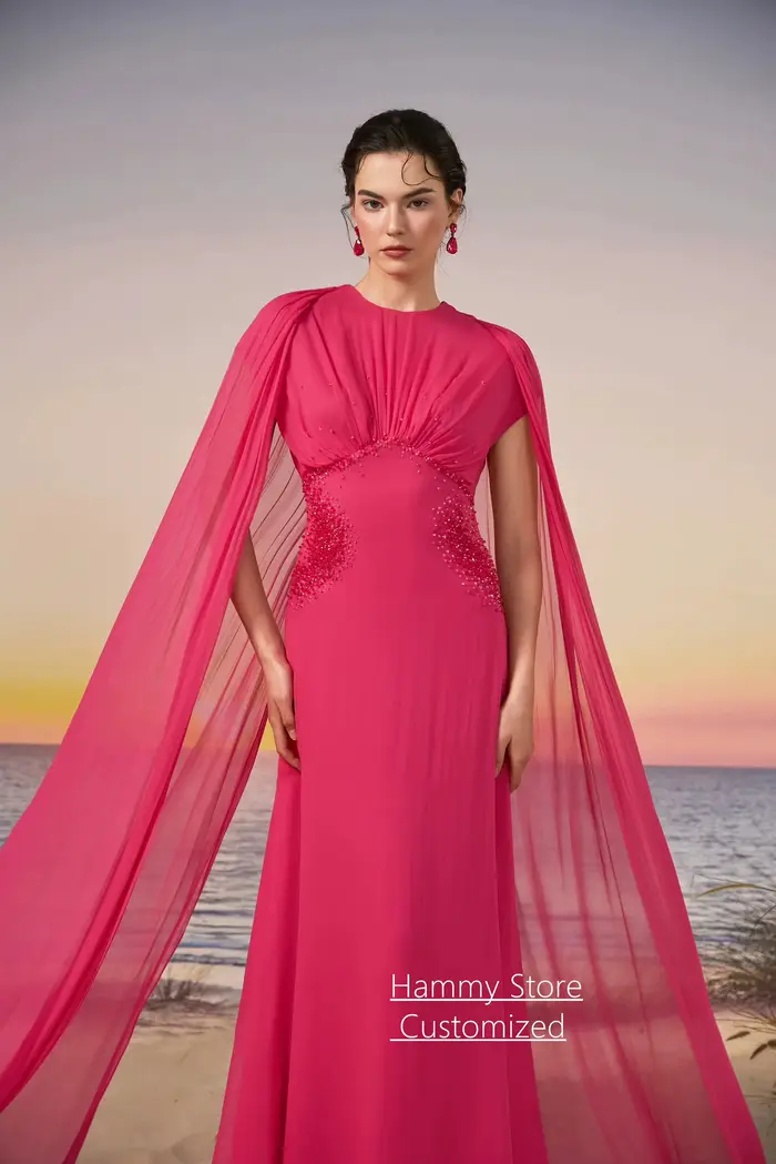 Robe de soirée en mousseline de soie fuchsia col rond personnalisé sans manches avec perles robe de bal de fin d année soirée élégante à offrir femmes occasions spéciales