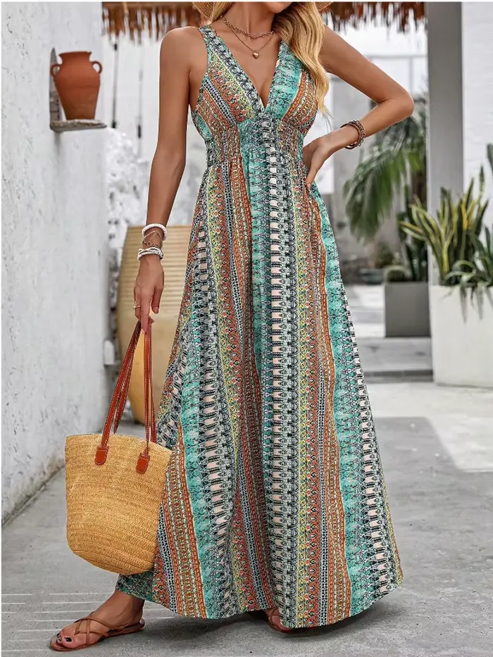 Robe de plage élégante pour femmes imprimée col en V sans manches longueur au sol pour les soirées estivales