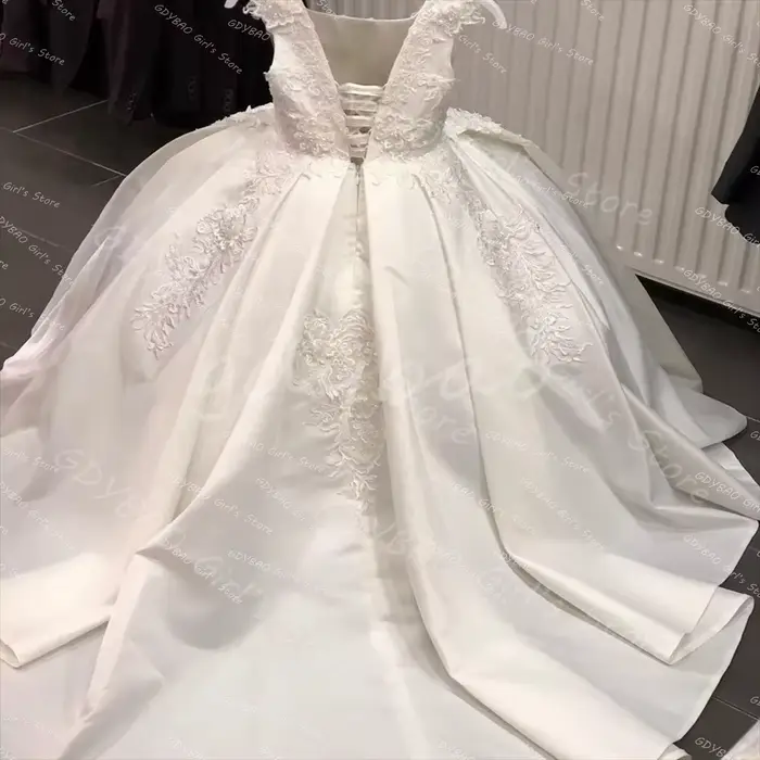 Robe de fille de fleur blanche pour mariage dentelle perlée Satin enfants vêtements