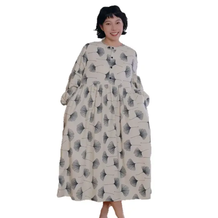 Robe Mori pour filles élégante et ample en coton double gaze imprimée Ginkgo pour les jeunes femmes occasions spéciales détente maison automne printemps