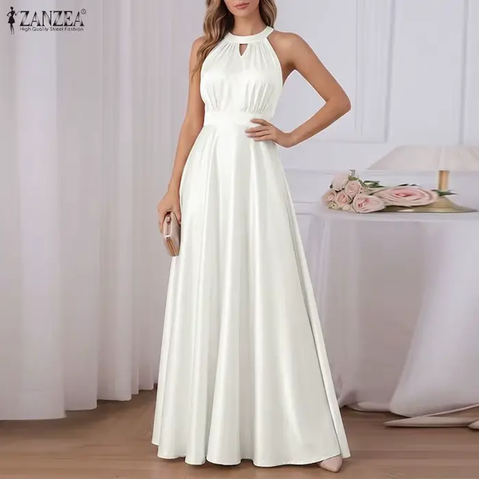 ZANZEA Robe longue élégante en satin pour femme, col halter, sans manches, coupe trapèze, pour cocktail, soirée ou invitée de mariage