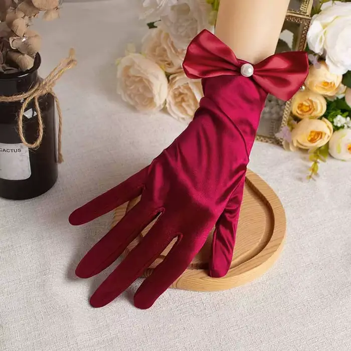Robe de mariée élégante en Satin, gants courts rouges, rétro, nœud en perles, photographie pour femmes, étiquette de bal, accessoires de Performance