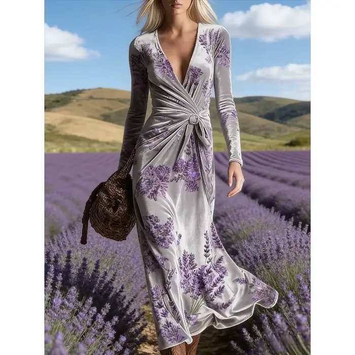 Robe longue en velours à imprimé botanique vert crème style bohème pour femme