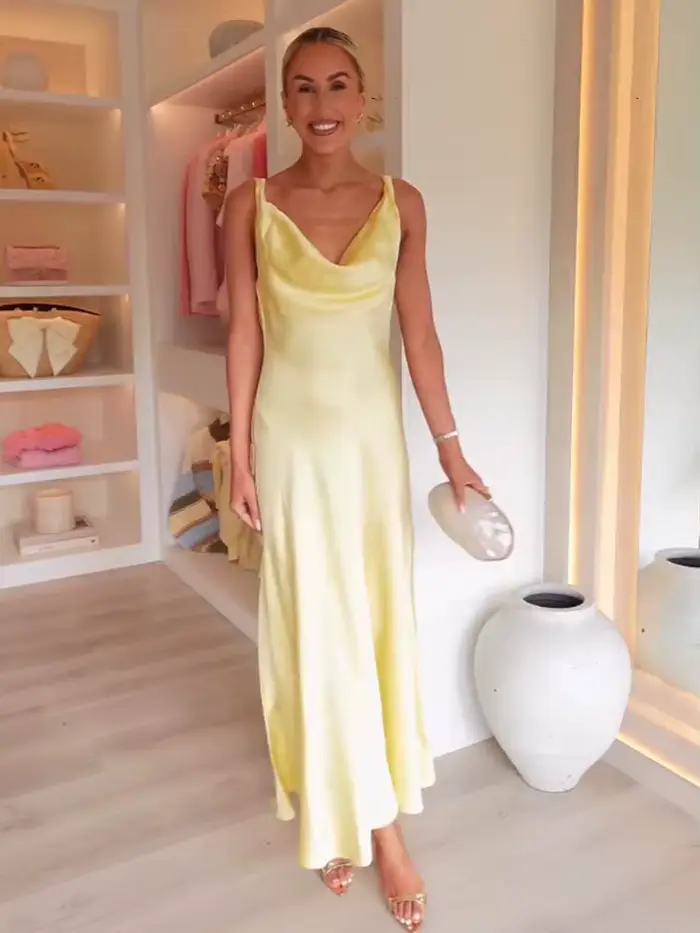 HH femmes solide vacances Style Satin Texture dos nu col en v robe mi-longue été femme élégante Sexy à lacets