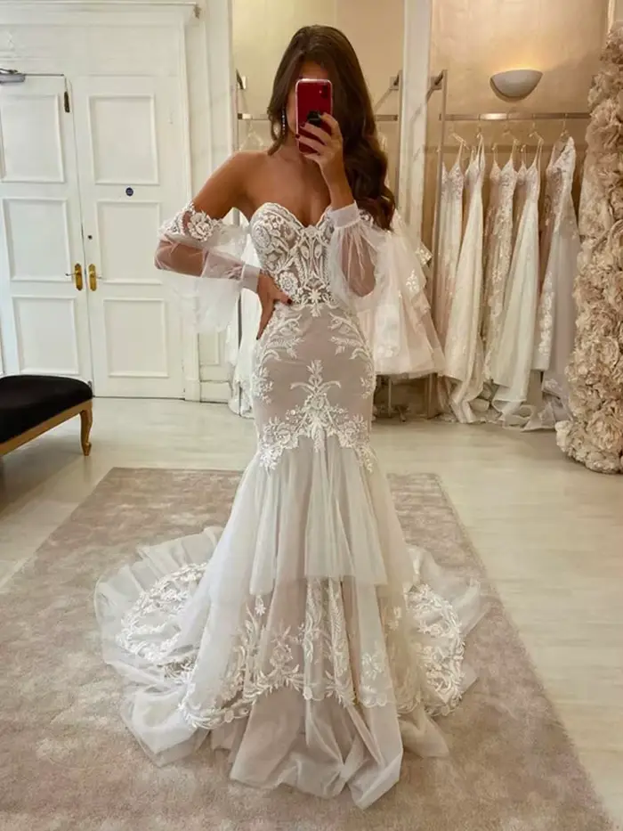Robes de mariée sirène princesse chérie, appliques Boho, manches longues, longueur au sol à plusieur