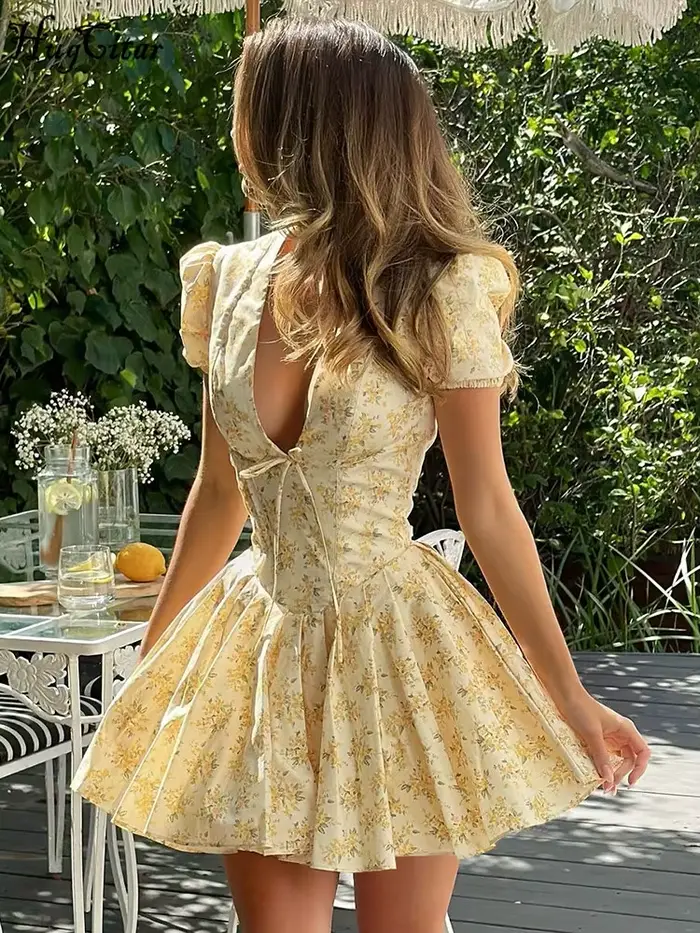Hugcitar 2026 Robe Courte Plissée Sexy à Imprimé Floral