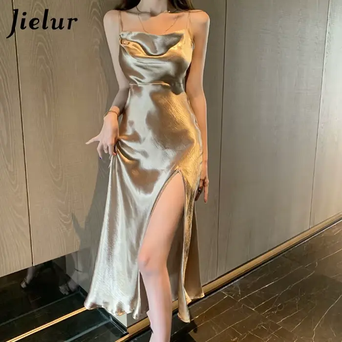 Jielur Élégant Satin Taille Haute Split Camisole Robe Femmes Champagne Sexy tambours con Robes