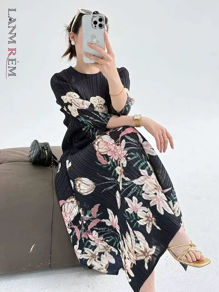 Robe LANMREM en polyester imprimée vintage col rond pour femmes occasions spéciales printemps été