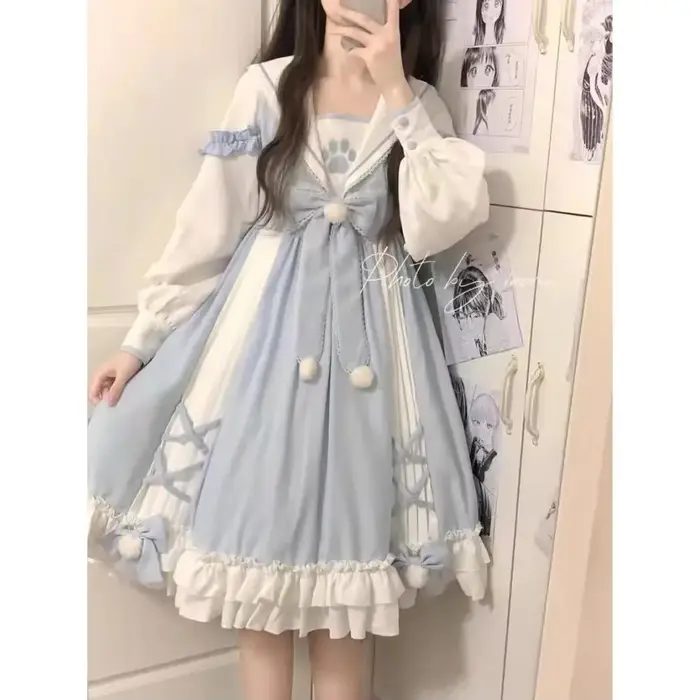 Robe Lolita bleue surdimensionnée pour femmes, col marin, nœud, manches longues, nouvelle collection