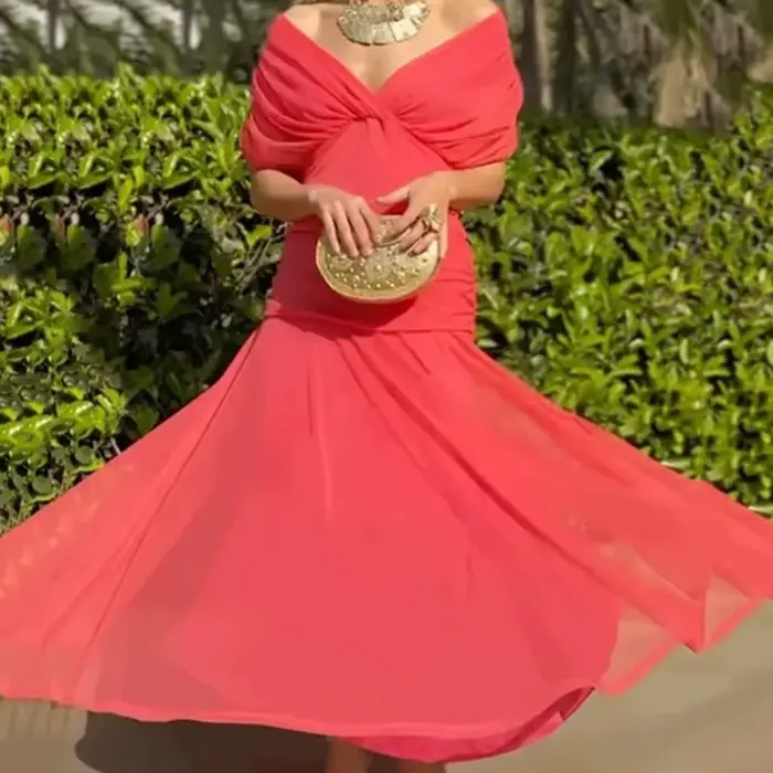 Robe de soirée longue en maille plissée pour femmes
