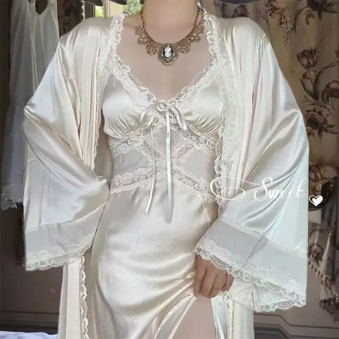 InjRobe-Ensemble de robe en dentelle douce pour femme, vêtements de nuit élégants, doux pour la peau
